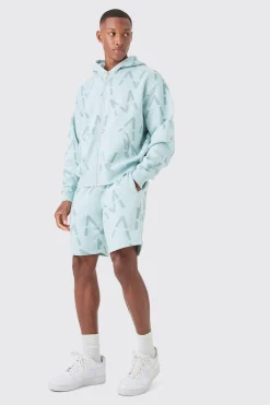 boohooMAN Oversized Boxy Man All Over Print Zip Hoodie Short Tracksuit | UK| Tracksuits