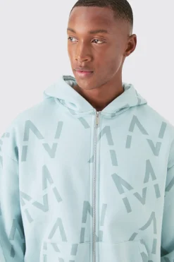 boohooMAN Oversized Boxy Man All Over Print Zip Hoodie Short Tracksuit | UK| Tracksuits