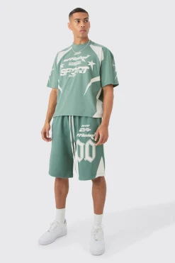 boohooMAN Oversized Boxy Moto Puff Print T-shirt & Short Set | UK| Sets & Co-Ords|Tracksuits