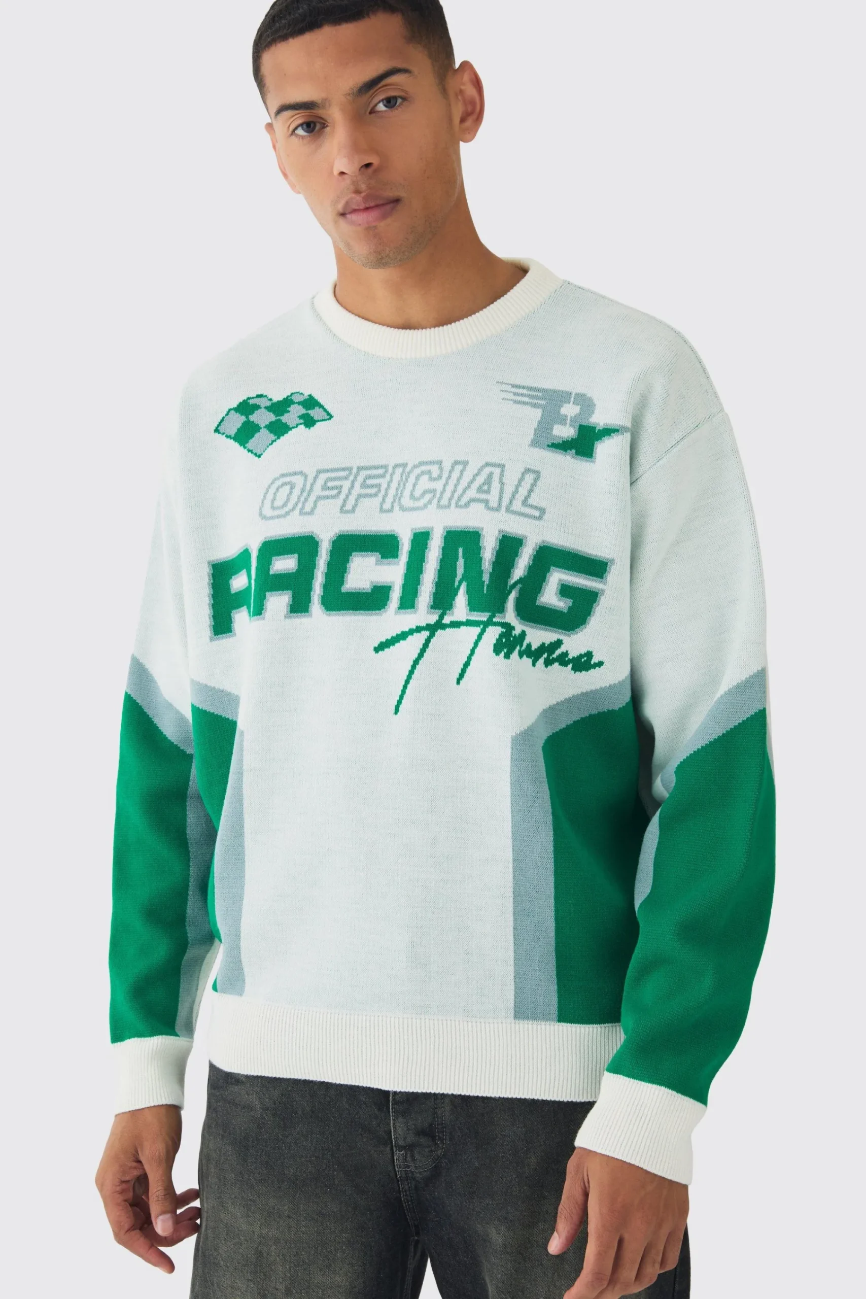 boohooMAN Oversized Boxy Moto Racing Knitted Jumper | UK| Knitwear