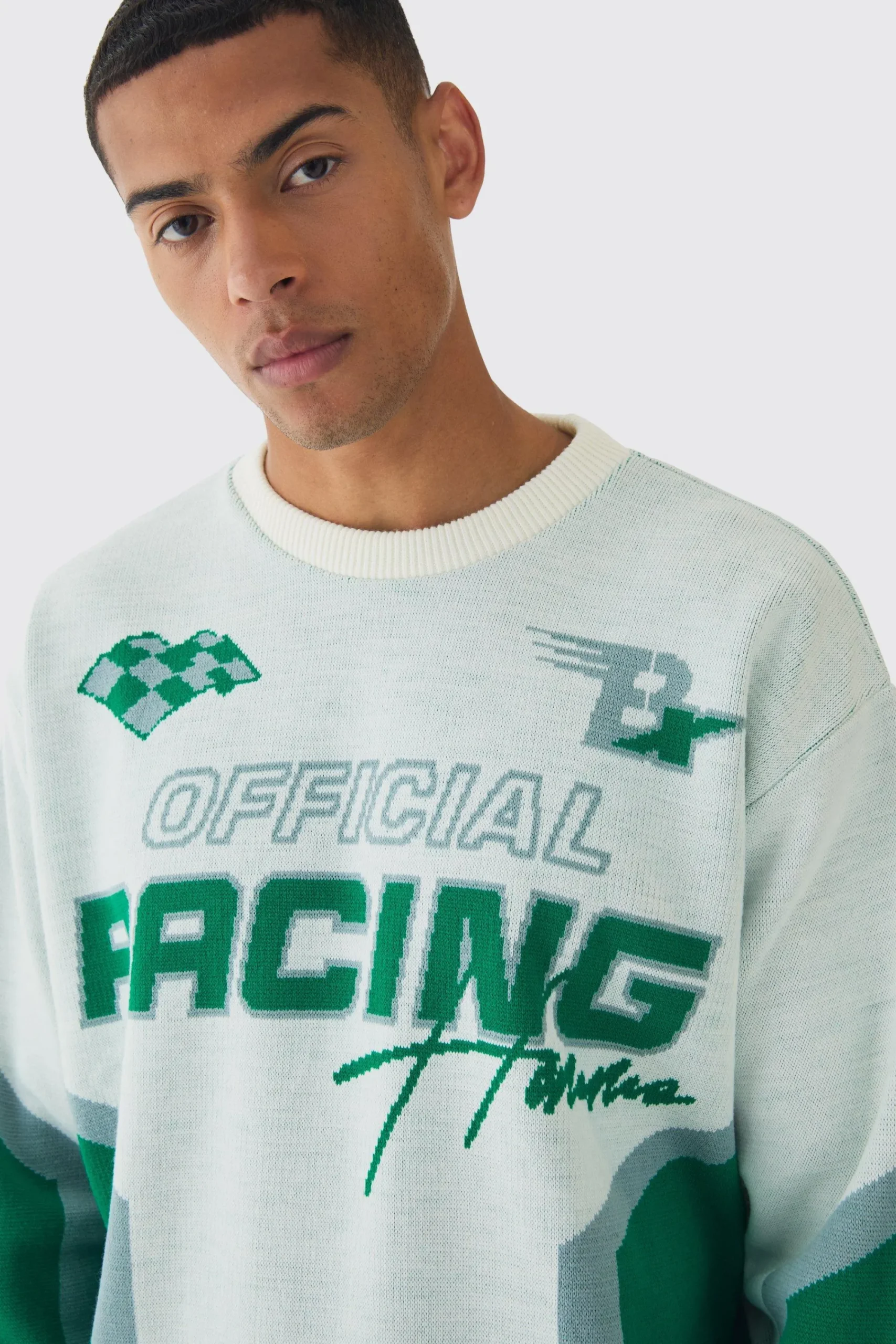 boohooMAN Oversized Boxy Moto Racing Knitted Jumper | UK| Knitwear