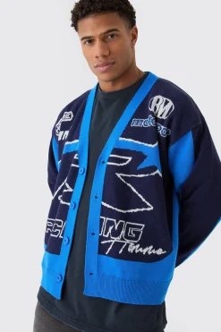 boohooMAN Oversized Boxy Moto Racing Knitted Cardigan | UK| Knitwear