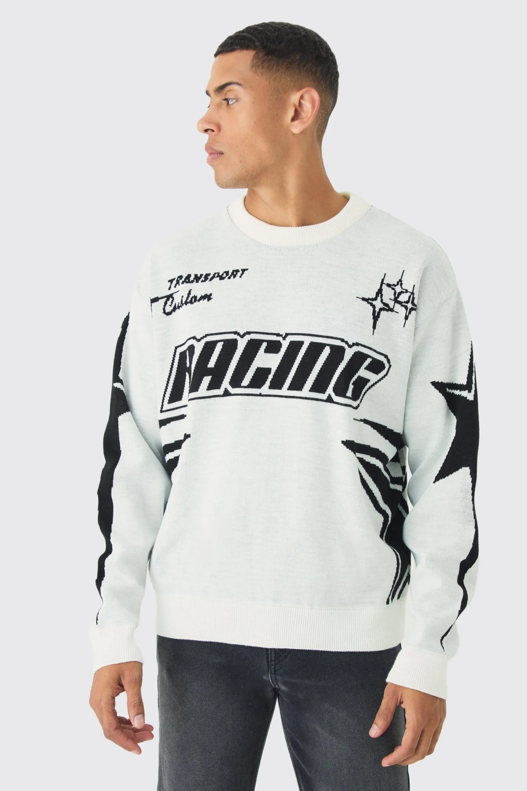 boohooMAN Oversized Boxy Moto Star Knitted Jumper | UK| Knitwear