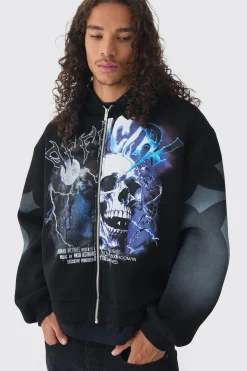 boohooMAN Oversized Boxy Offcl Gothic Skull Zip Through Print Hoodie | UK| Hoodies & Sweatshirts