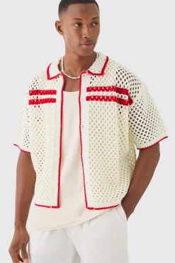 boohooMAN Oversized Boxy Open Knit Contrast Tipping Shirt | UK| Shirts