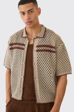 boohooMAN Oversized Boxy Open Knit Contrast Shirt | UK| Shirts