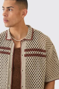 boohooMAN Oversized Boxy Open Knit Contrast Shirt | UK| Shirts