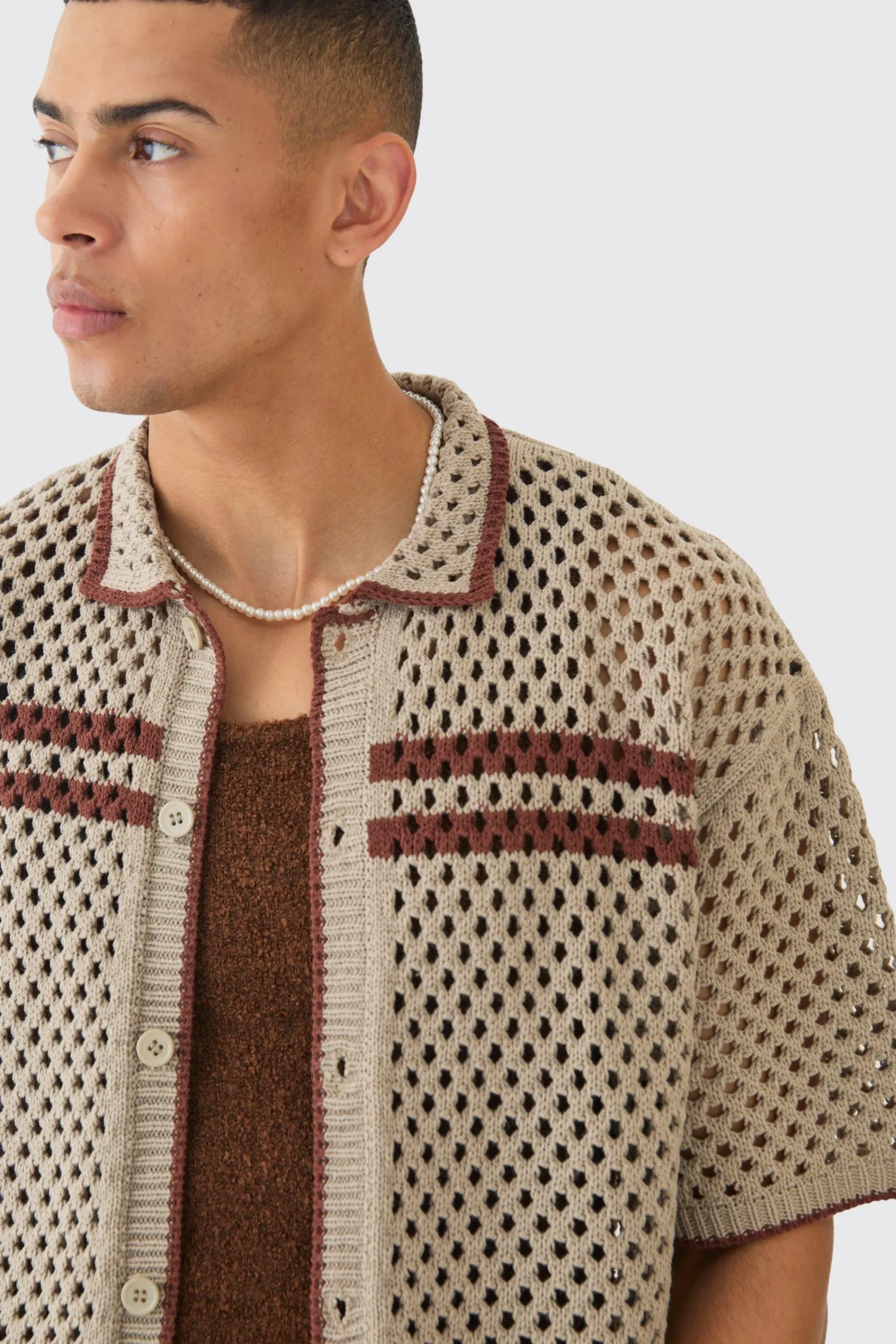 boohooMAN Oversized Boxy Open Knit Contrast Shirt | UK| Shirts