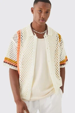 boohooMAN Oversized Boxy Open Knit Abstract Stripe Shirt | UK| Shirts