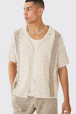 boohooMAN Oversized Boxy Open Stitch Stripe Knit Shirt In | UK| Shirts