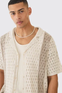 boohooMAN Oversized Boxy Open Stitch Stripe Knit Shirt In | UK| Shirts