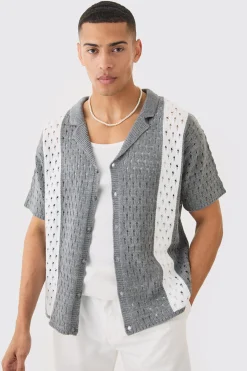 boohooMAN Oversized Boxy Open Stitch Stripe Knit Shirt In | UK| Shirts