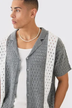 boohooMAN Oversized Boxy Open Stitch Stripe Knit Shirt In | UK| Shirts