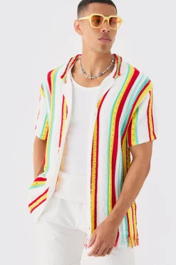 boohooMAN Oversized Boxy Open Stitch 3D Knit Shirt In | UK| Shirts