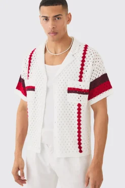 boohooMAN Oversized Boxy Open Stitch Revere Stripe Shirt In | UK| Shirts