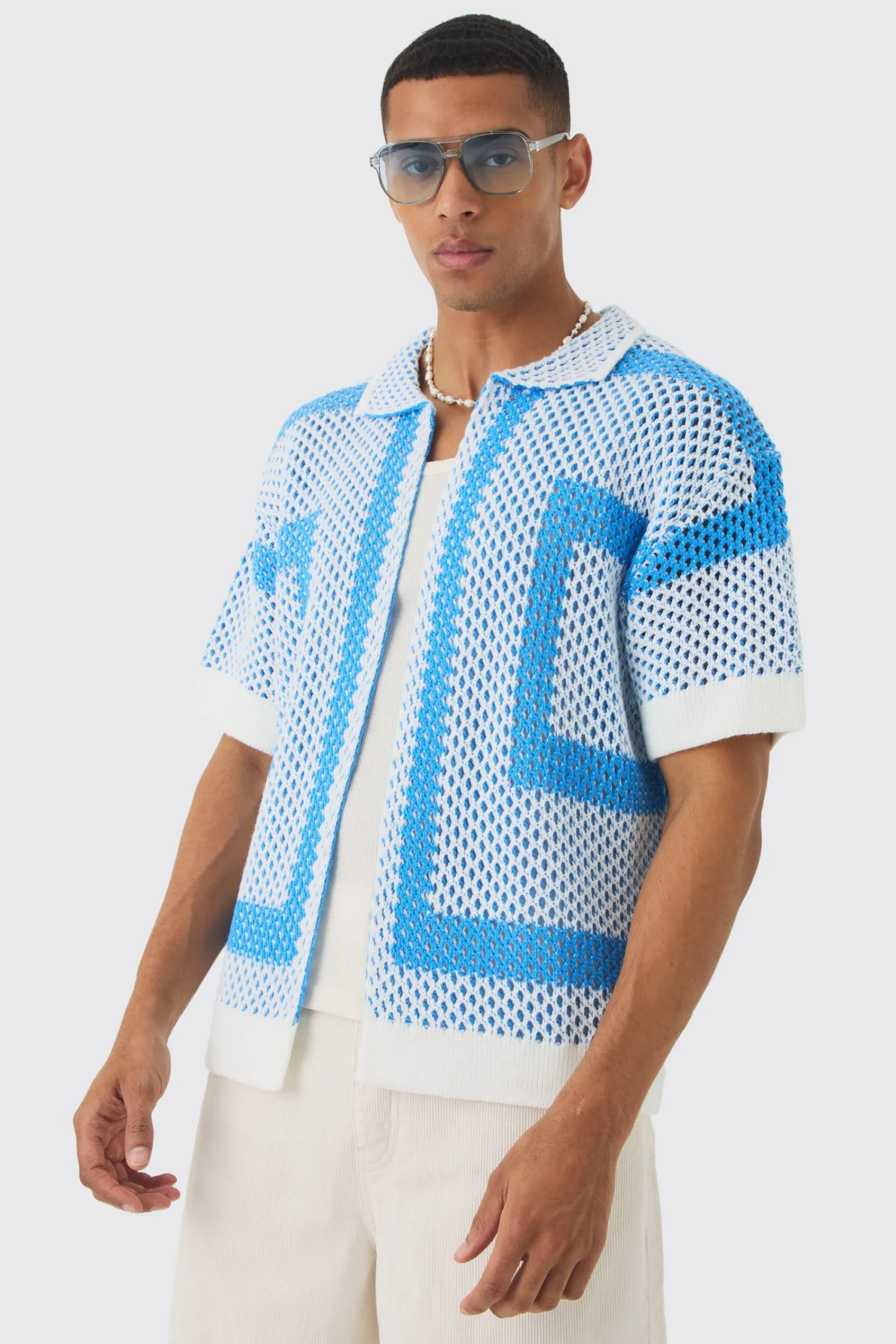 boohooMAN Oversized Boxy Open Stitch Border Knit Shirt | UK| Shirts