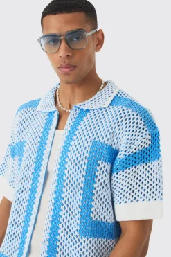 boohooMAN Oversized Boxy Open Stitch Border Knit Shirt | UK| Shirts