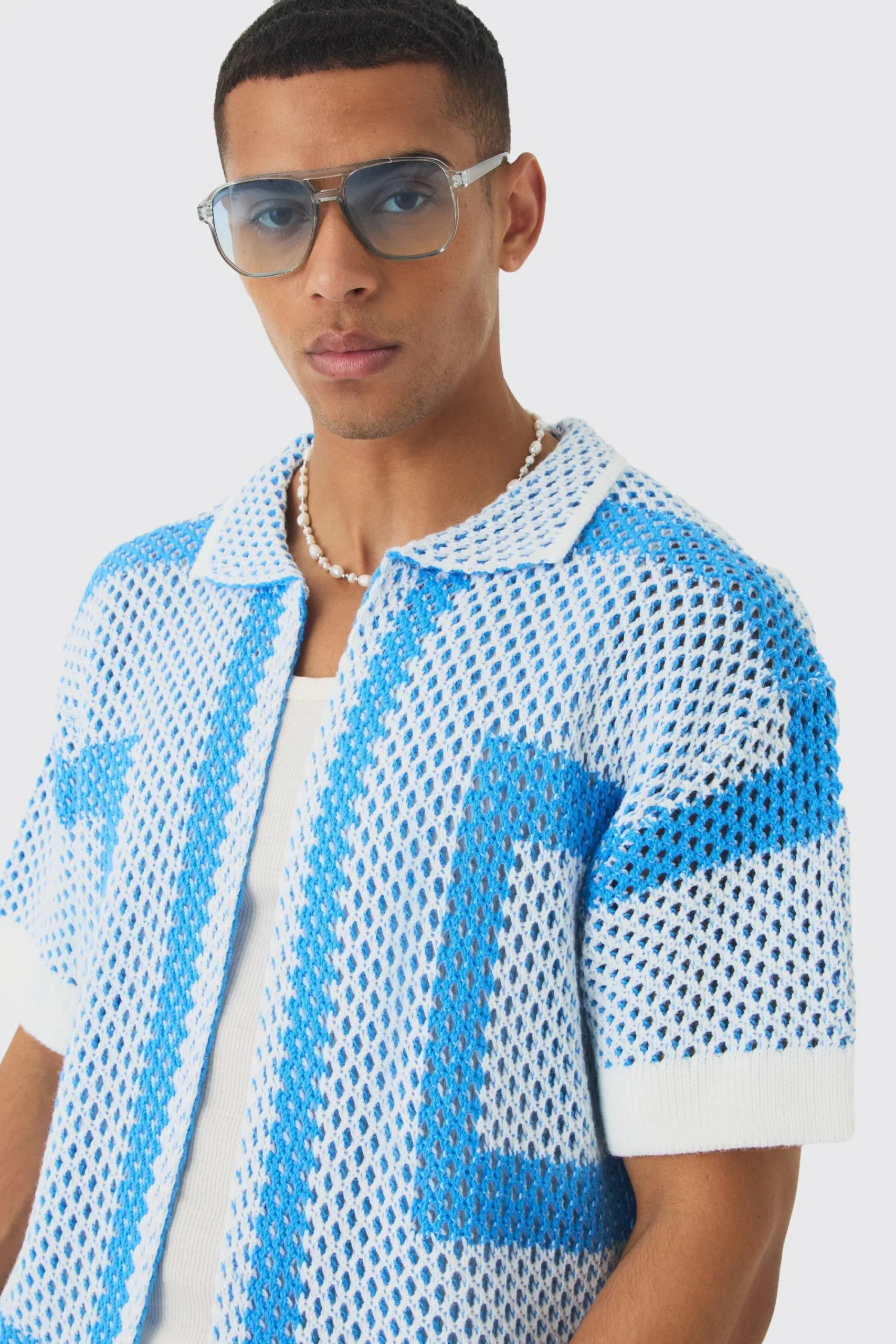 boohooMAN Oversized Boxy Open Stitch Border Knit Shirt | UK| Shirts