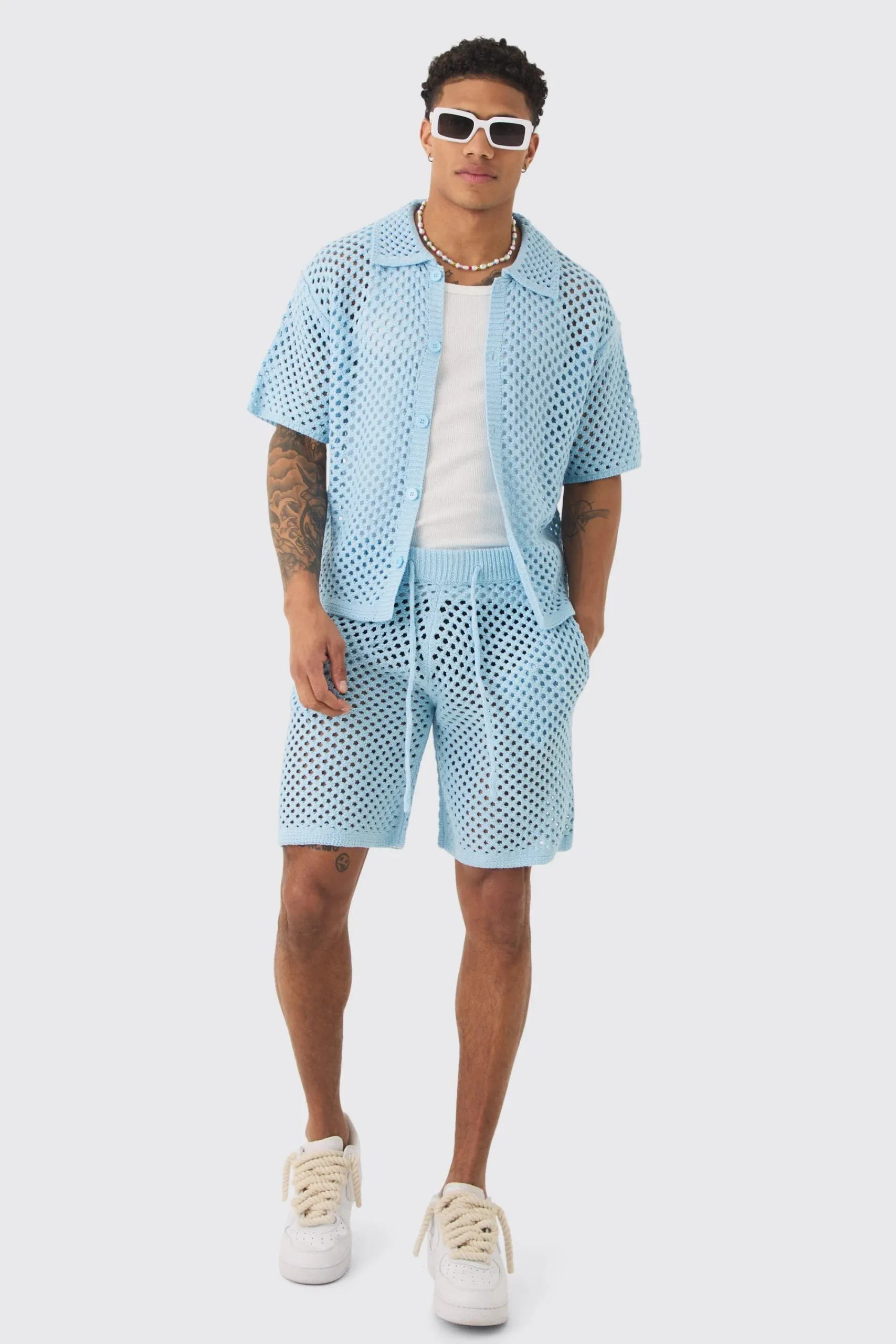 boohooMAN Oversized Boxy Open Stitch Shirt & Short Set With Metal Tab | UK| Sets & Co-Ords|Tracksuits