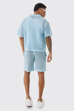 boohooMAN Oversized Boxy Open Stitch Shirt & Short Set With Metal Tab | UK| Sets & Co-Ords|Tracksuits