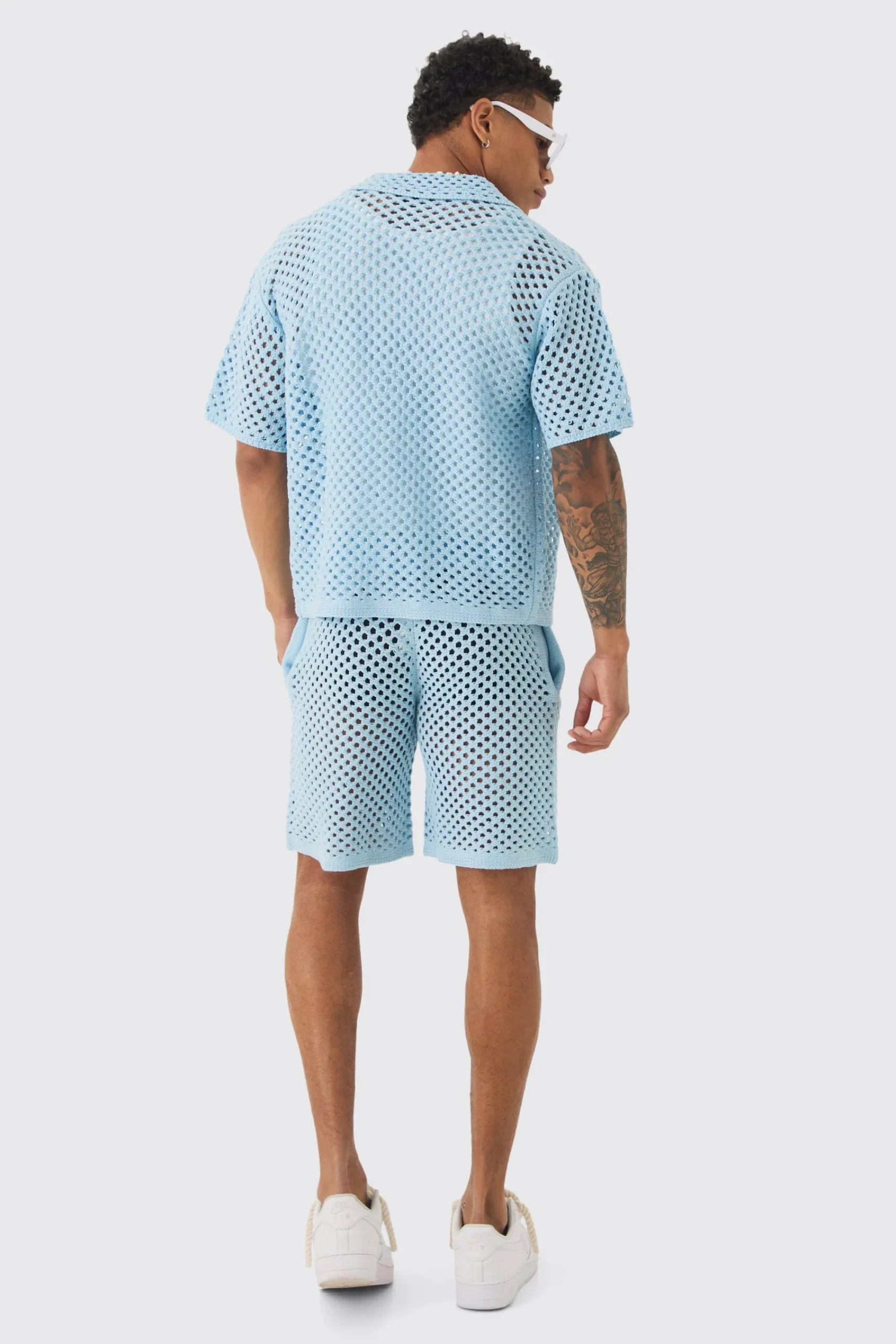 boohooMAN Oversized Boxy Open Stitch Shirt & Short Set With Metal Tab | UK| Sets & Co-Ords|Tracksuits