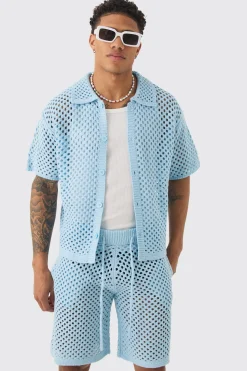 boohooMAN Oversized Boxy Open Stitch Shirt & Short Set With Metal Tab | UK| Sets & Co-Ords|Tracksuits