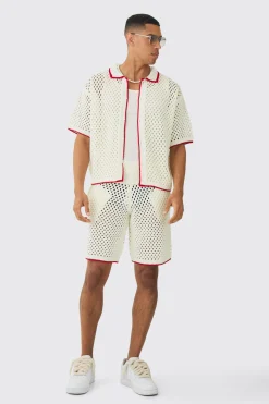 boohooMAN Oversized Boxy Open Stitch Contrast Tipping Shirt Short Set | UK| Sets & Co-Ords|Tracksuits