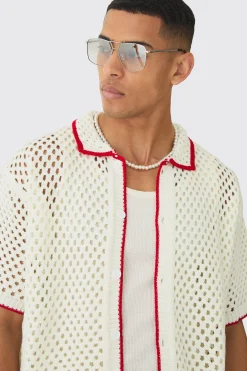 boohooMAN Oversized Boxy Open Stitch Contrast Tipping Shirt Short Set | UK| Sets & Co-Ords|Tracksuits