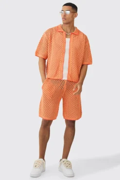 boohooMAN Oversized Boxy Open Stitch Contrast Tipping Shirt Short Set | UK| Sets & Co-Ords|Tracksuits