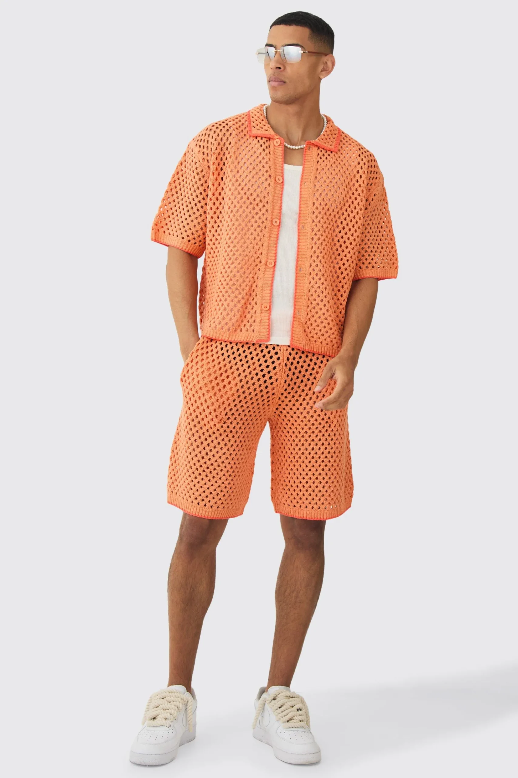 boohooMAN Oversized Boxy Open Stitch Contrast Tipping Shirt Short Set | UK| Sets & Co-Ords|Tracksuits