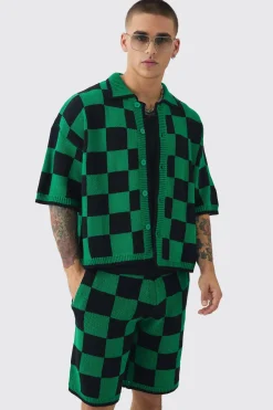 boohooMAN Oversized Boxy Open Stitch Checked Shirt & Short Set With Metal Tab | UK| Sets & Co-Ords|Tracksuits