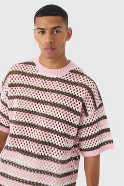 Oversized Boxy Open Stitch Horizontal Stripe Knit T-shirt | UK^boohooMAN