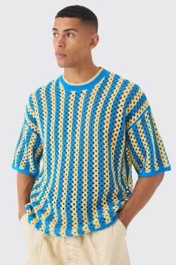 Oversized Boxy Open Stitch Stripe Knit T-shirt | UK^boohooMAN Outlet