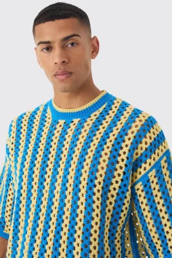 Oversized Boxy Open Stitch Stripe Knit T-shirt | UK^boohooMAN Outlet