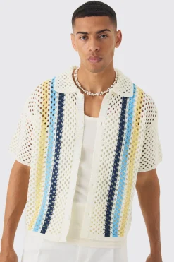 boohooMAN Oversized Boxy Open Stitch Placement Stripe Knit Shirt | UK| Shirts
