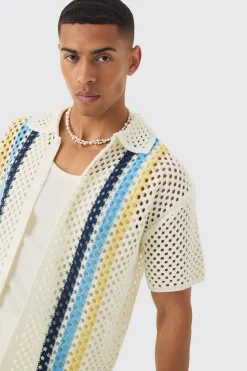 boohooMAN Oversized Boxy Open Stitch Placement Stripe Knit Shirt | UK| Shirts