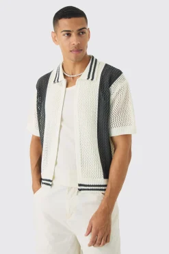 boohooMAN Oversized Boxy Open Stitch Zip Through Knitted Shirt | UK| Shirts