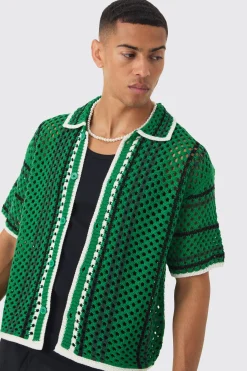 boohooMAN Oversized Boxy Open Stitch Stripe Knit Shirt | UK| Hoodies & Sweatshirts