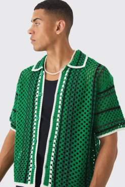 boohooMAN Oversized Boxy Open Stitch Stripe Knit Shirt | UK| Hoodies & Sweatshirts