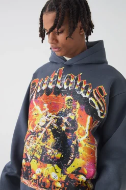 boohooMAN Oversized Boxy Outlaws Large Scale Graphic Hoodie | UK| Hoodies & Sweatshirts