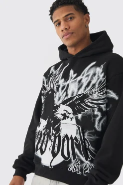 boohooMAN Oversized Boxy Over The Seams Eagle Graphic Hoodie | UK| Hoodies & Sweatshirts
