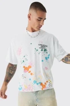 Oversized Boxy Paint Splatter Washed T-Shirt | UK^boohooMAN Clearance