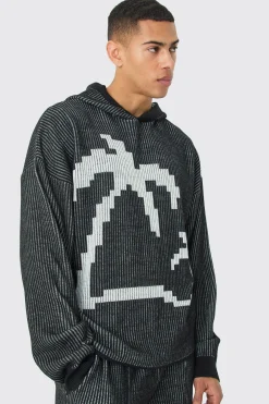 boohooMAN Oversized Boxy Palm Ribbed Knitted Hoodie | UK| Knitwear