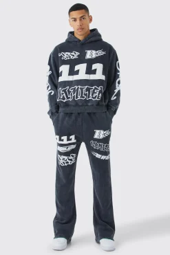 boohooMAN Oversized Boxy Puff Print Wash Hooded Tracksuit | UK| Tracksuits