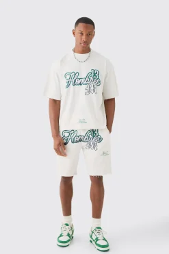 boohooMAN Oversized Boxy Raw Hem Homme Print T-shirt And Short Set | UK| Sets & Co-Ords|Tracksuits