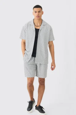 boohooMAN Oversized Boxy Revere Geo Jacquard Shirt & Short Set | UK| Sets & Co-Ords