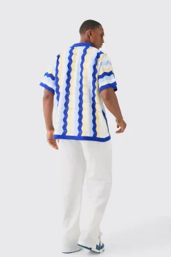 boohooMAN Oversized Boxy Revere Open Knit Stripe Shirt In | UK| Shirts