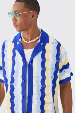 boohooMAN Oversized Boxy Revere Open Knit Stripe Shirt In | UK| Shirts