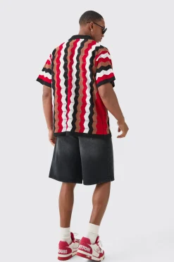 boohooMAN Oversized Boxy Revere Open Knit Stripe Shirt In | UK| Shirts