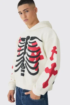 boohooMAN Oversized Boxy Skeleton Puff Print Cross Hoodie | UK| Hoodies & Sweatshirts